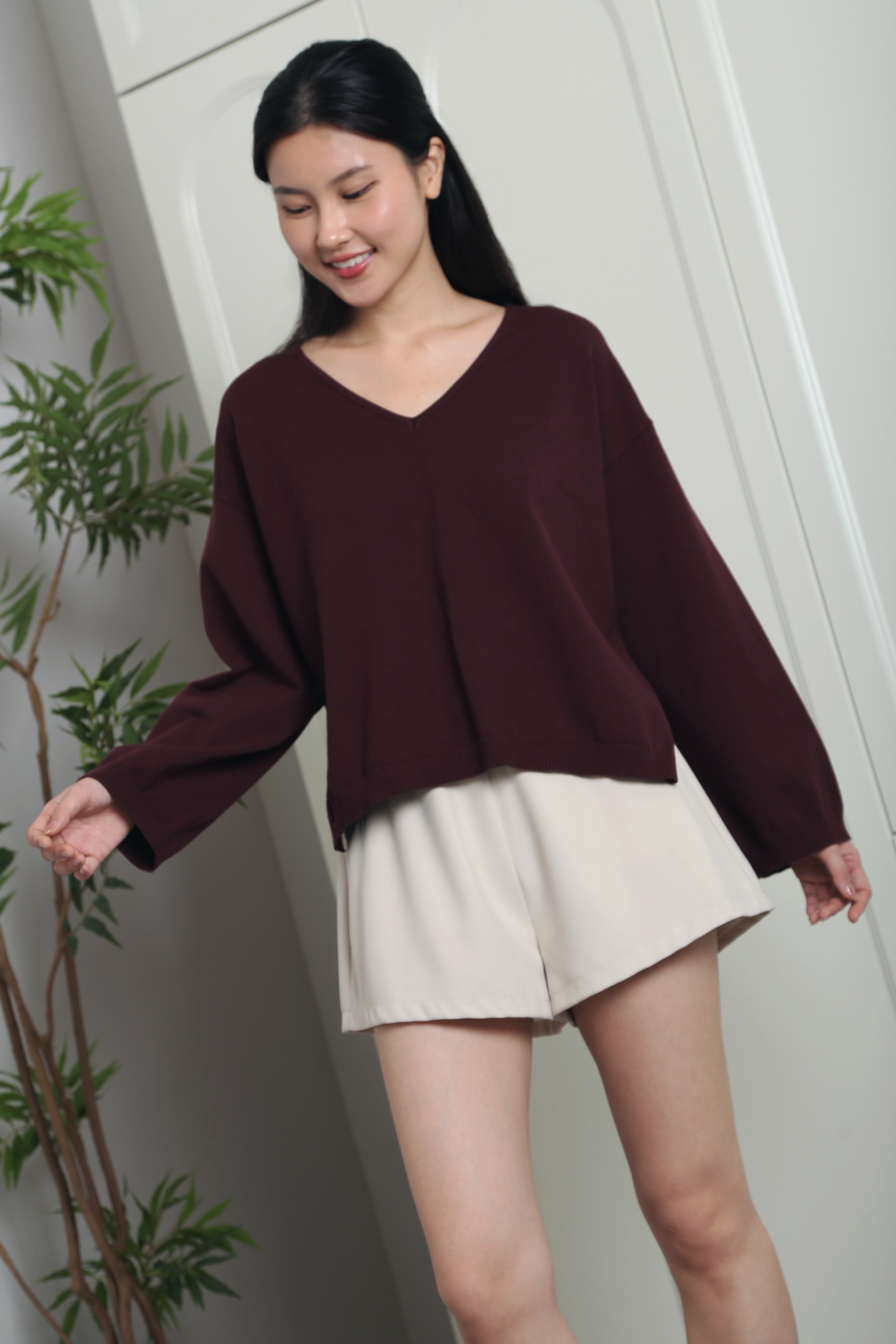 Harris Oversized V-Neck Knit Top Burgundy