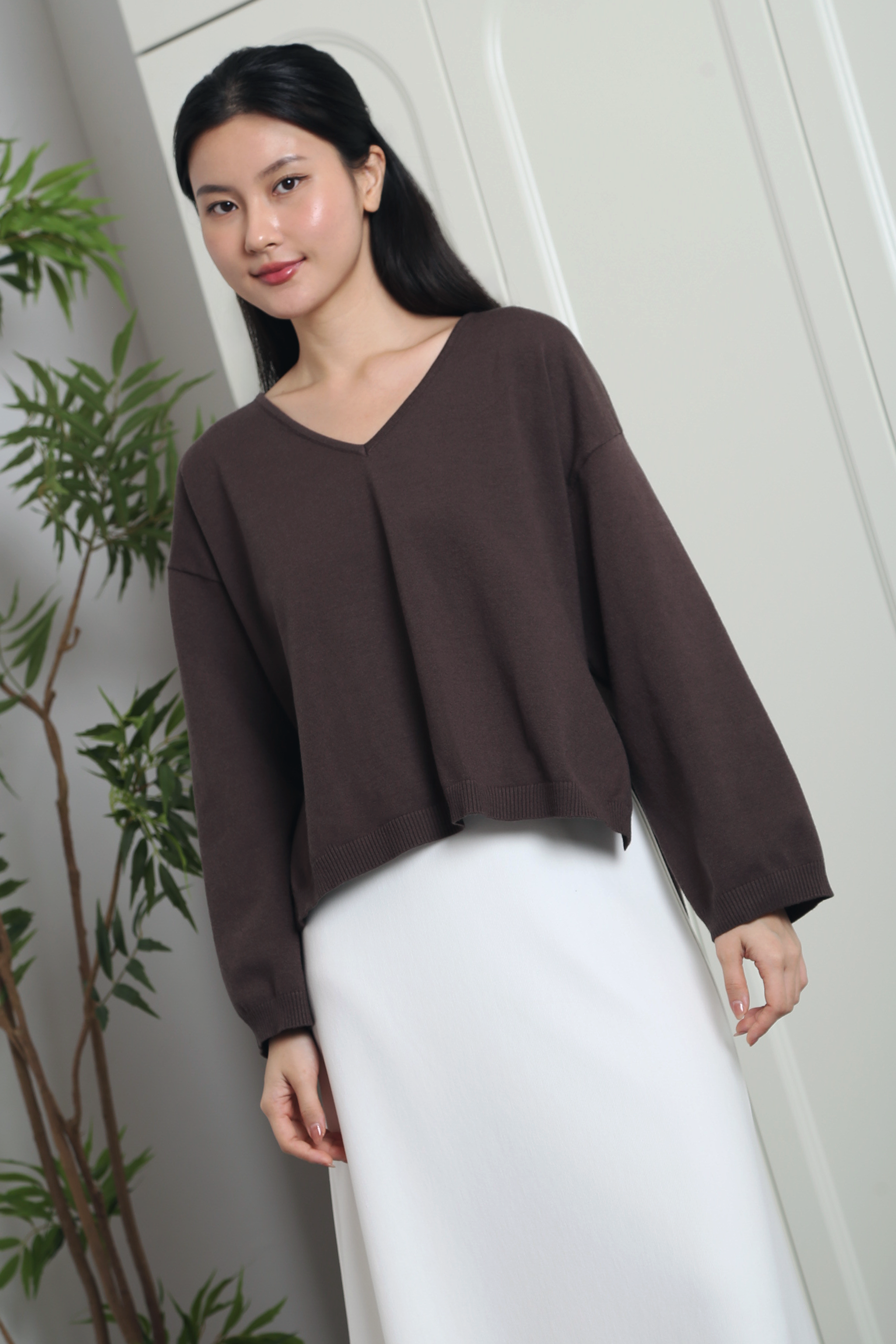 Harris Oversized V-Neck Knit Top Chestnut Brown