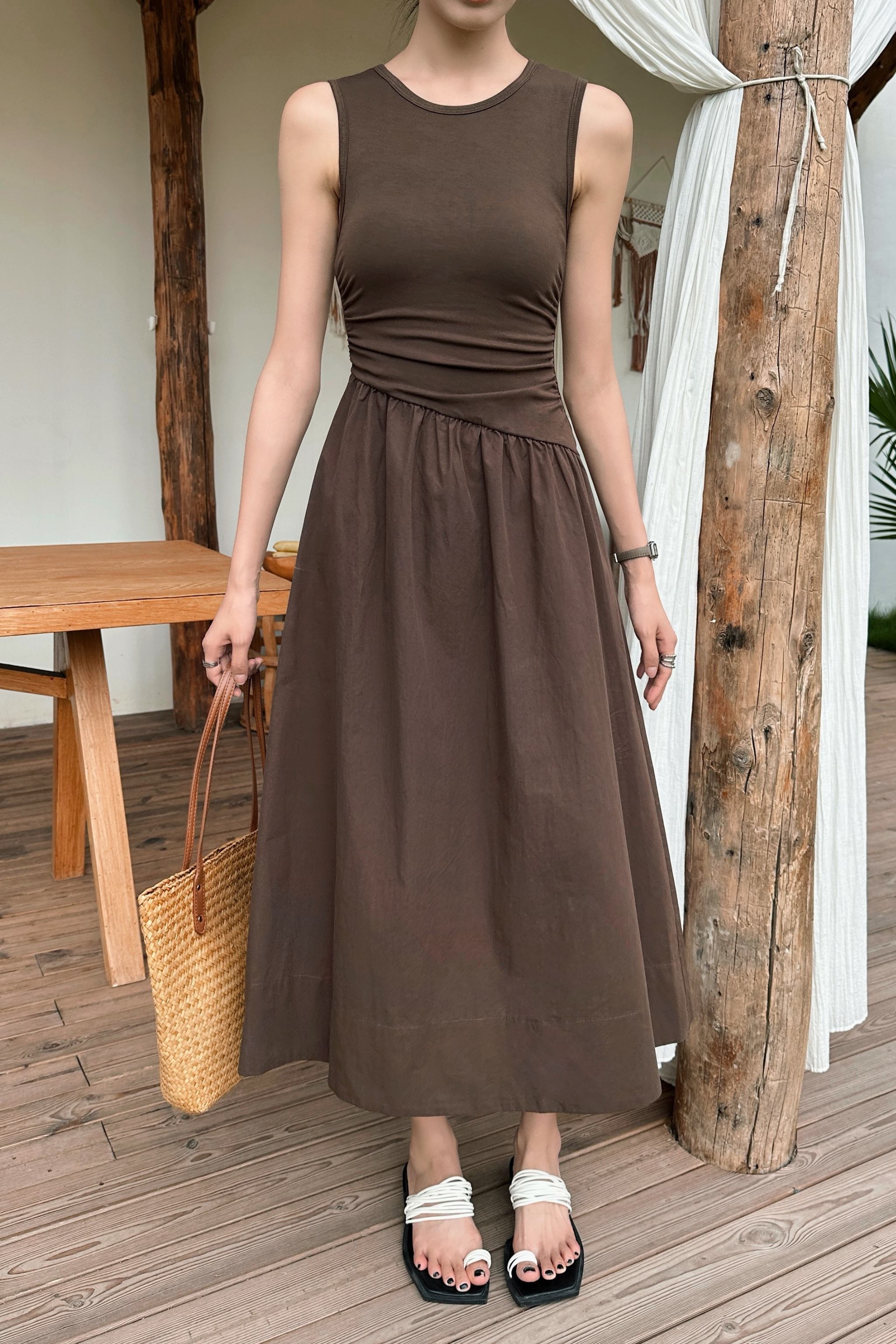Hepburn Slant Waist Midi Dress Brown (Backorder II)