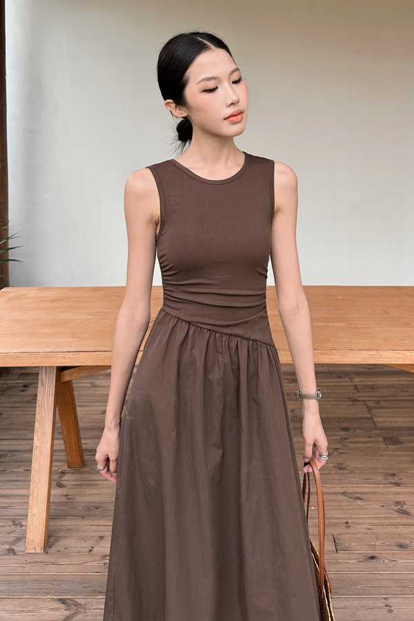 Hepburn Slant Waist Midi Dress Brown