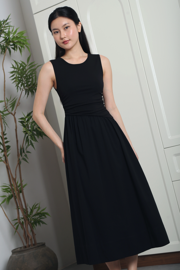 Hepburn Slant Waist Midi Dress Black