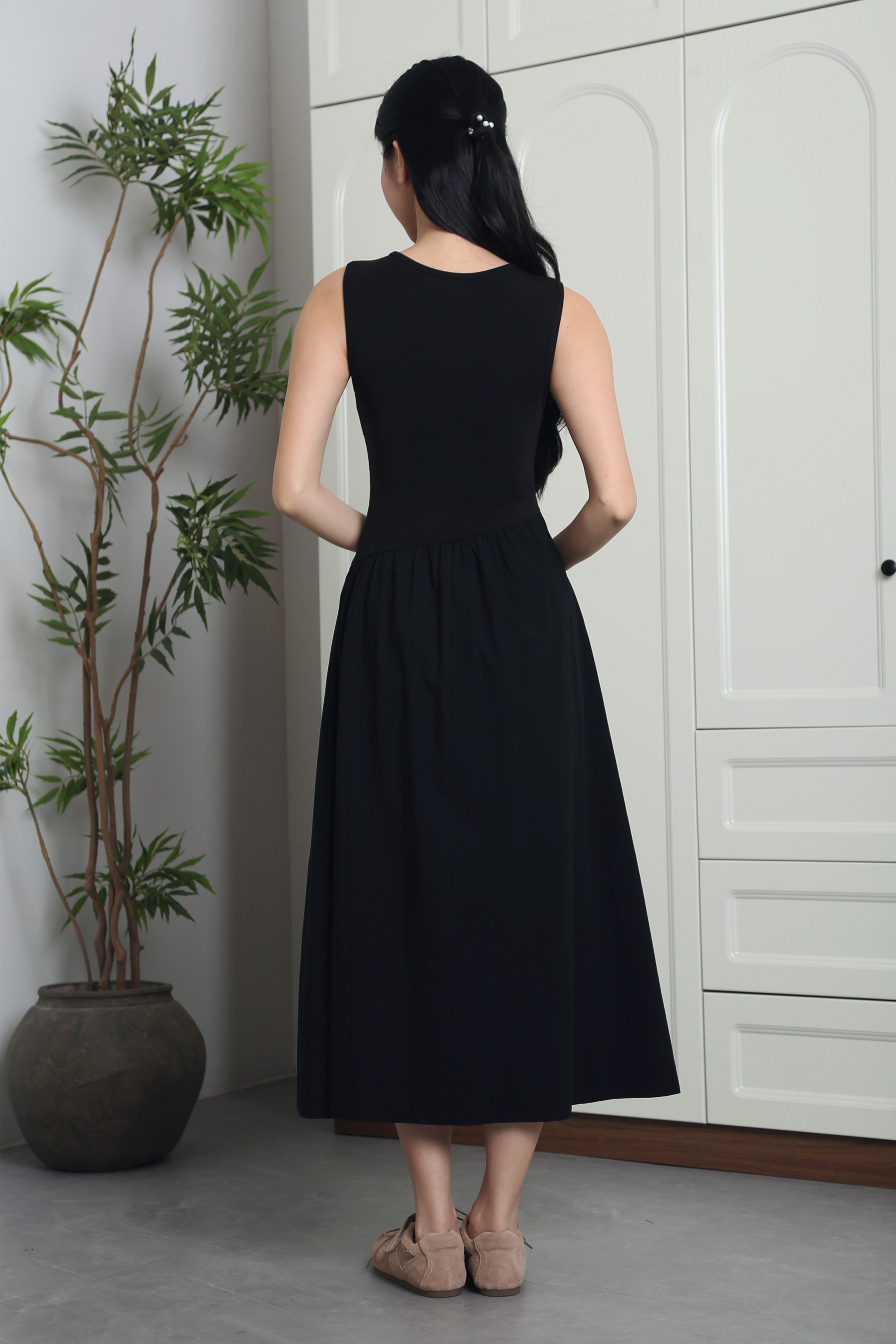 hepburn midi dress Hepburn Style Full Skirt Satin Midi Dress with Open Back