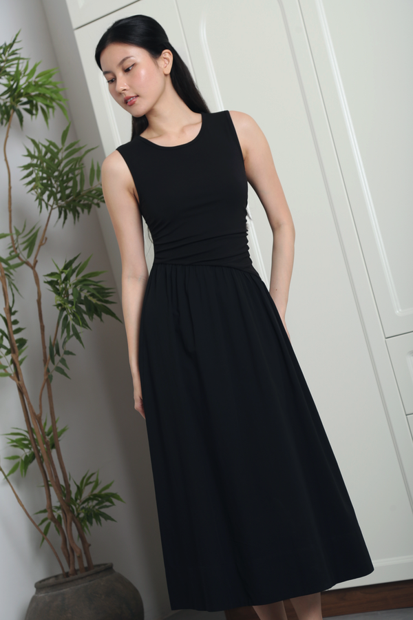 Hepburn Slant Waist Midi Dress Black