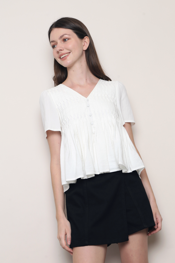 Honeycomb Pintuck Babydoll Blouse White (Backorder)