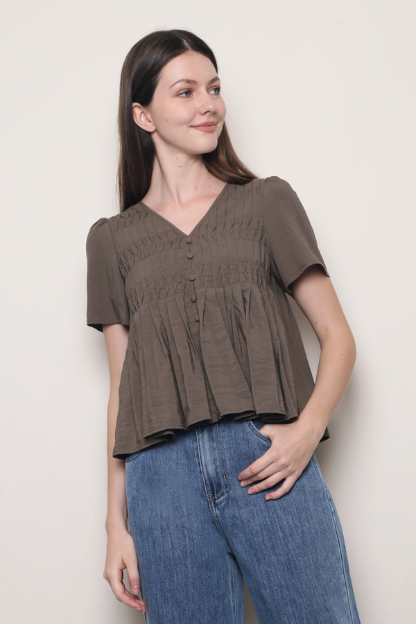 Honeycomb Pintuck Babydoll Blouse Taupe (Backorder)