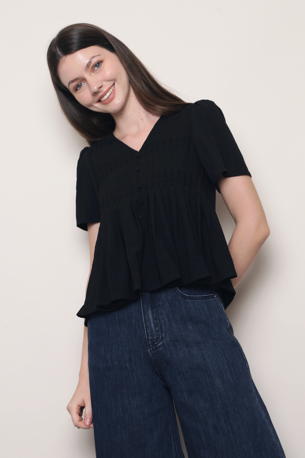 Honeycomb Pintuck Babydoll Blouse Black (Backorder)