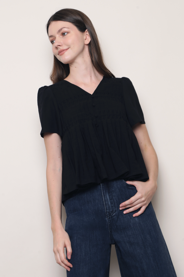 Honeycomb Pintuck Babydoll Blouse Black (Backorder)