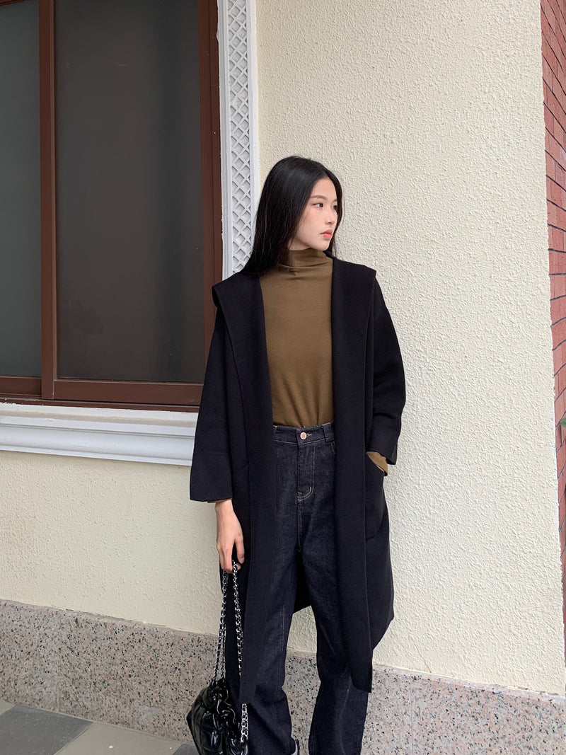 Nami Hooded Knit Outerwear Black