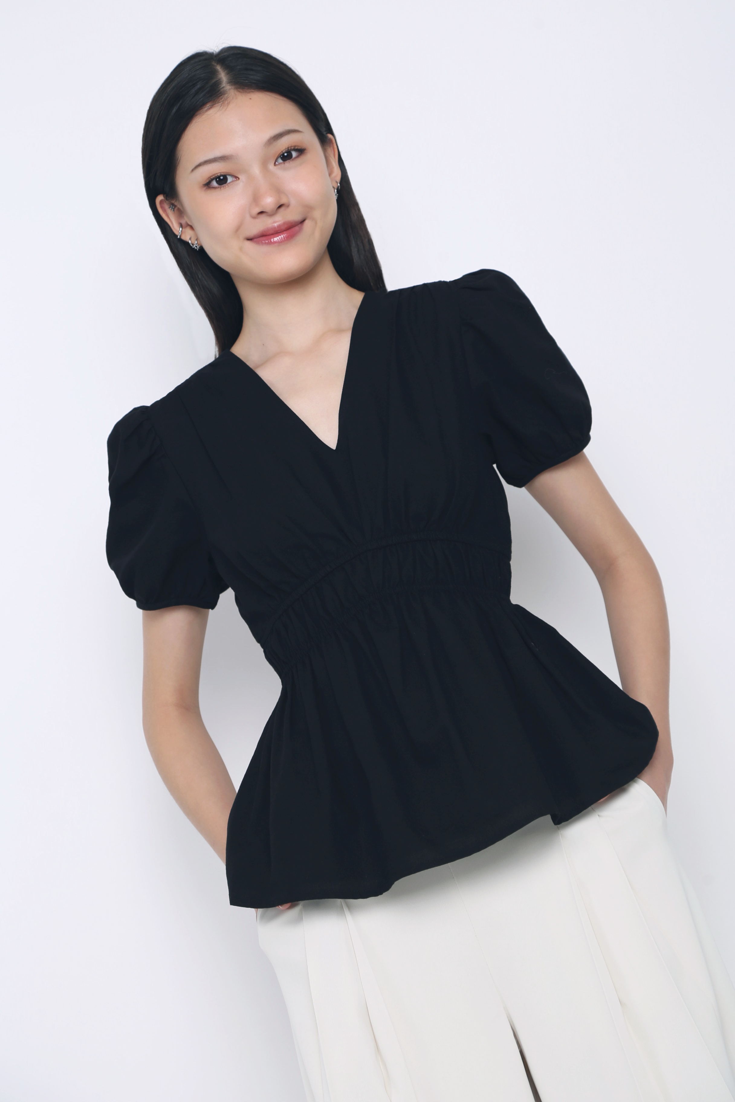 Ike V Neck Shirred Waist Blouse Black