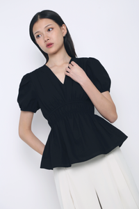 Ike V Neck Shirred Waist Blouse Black