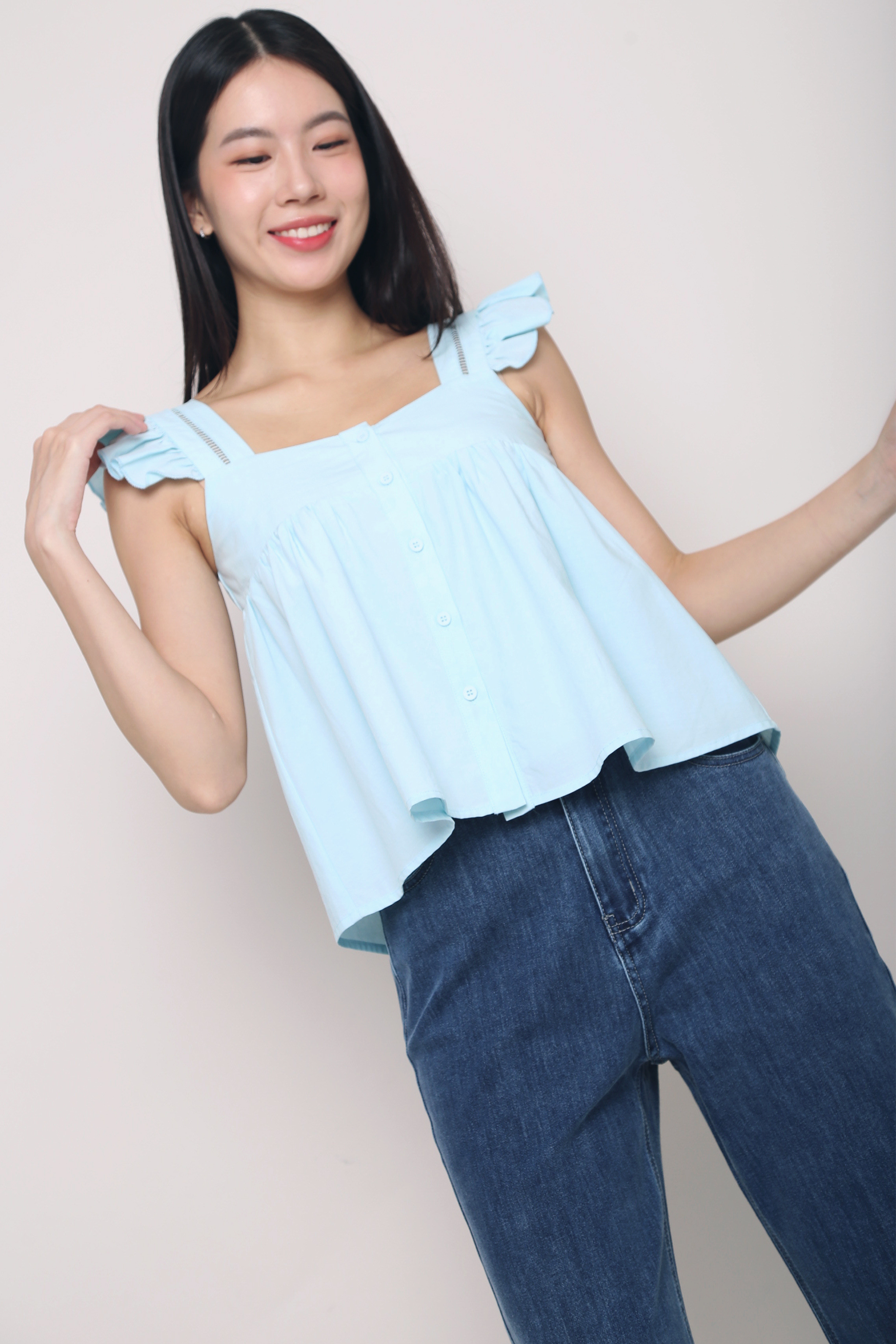 Issey Eyelet Button Down Blouse Blue