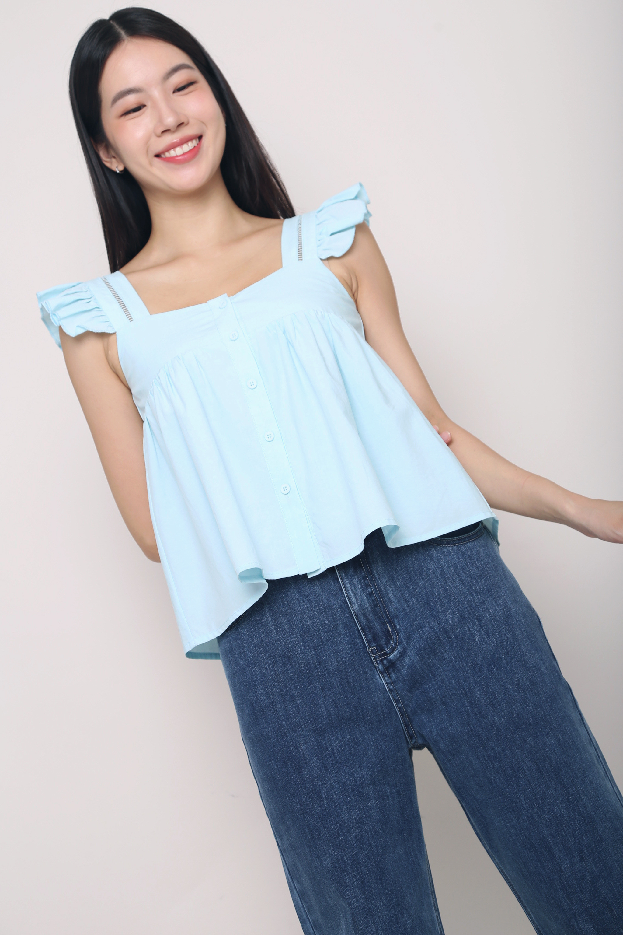 Issey Eyelet Button Down Blouse Blue