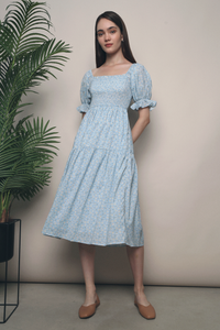 Olivia Floral Midi Dress Sky Blue