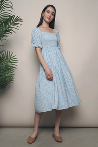 Olivia Floral Midi Dress Sky Blue