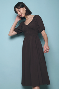 Jocena Shirred Waist Midi Dress Brown