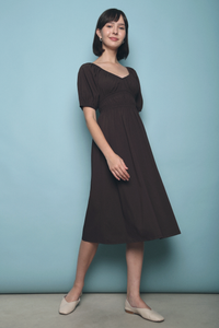 Jocena Shirred Waist Midi Dress Brown