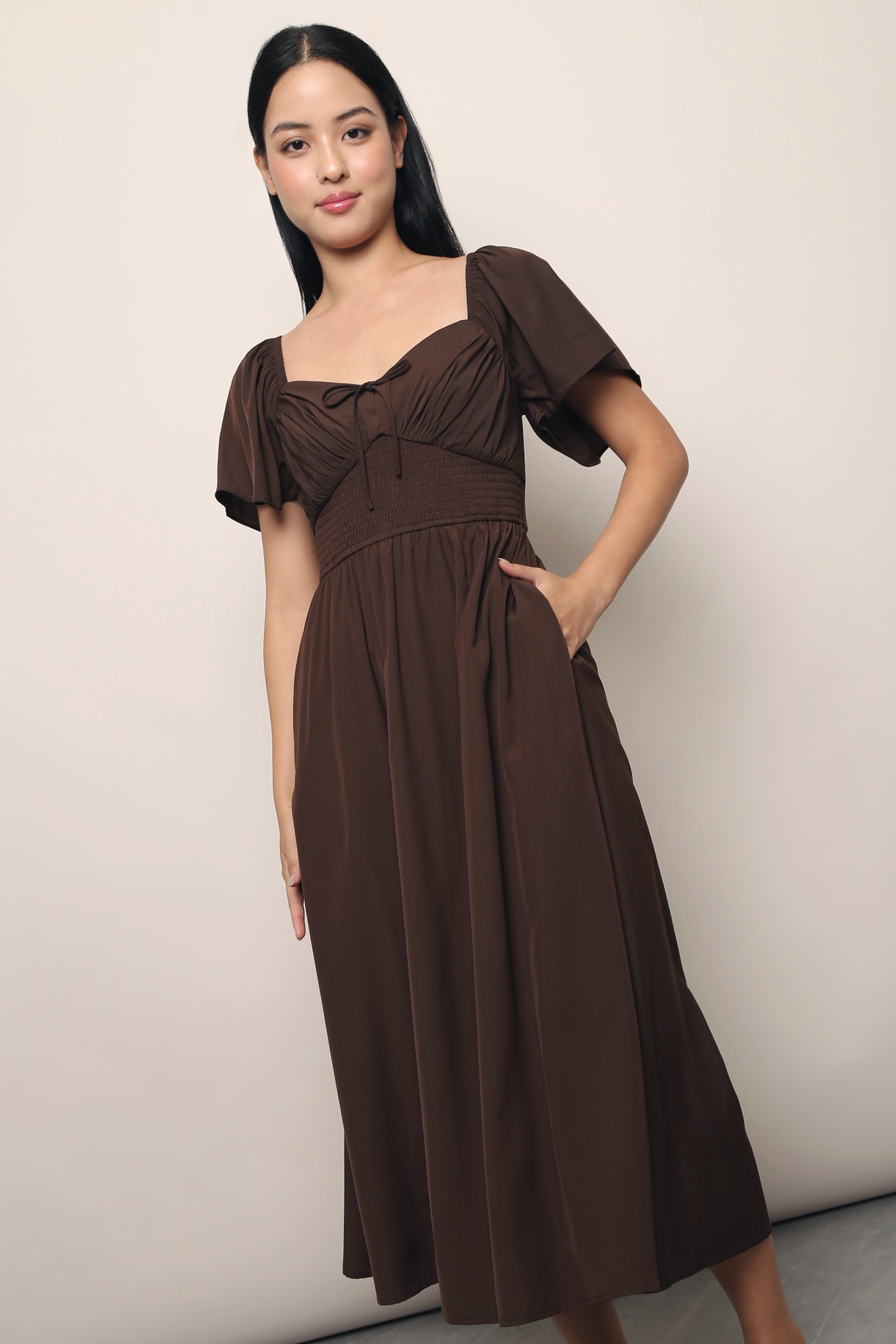 Laurent Smocked Waist Midaxi Dress Brown Hollyhoque Laurent Smocked Waist Midaxi Dress Brown Hollyhoque