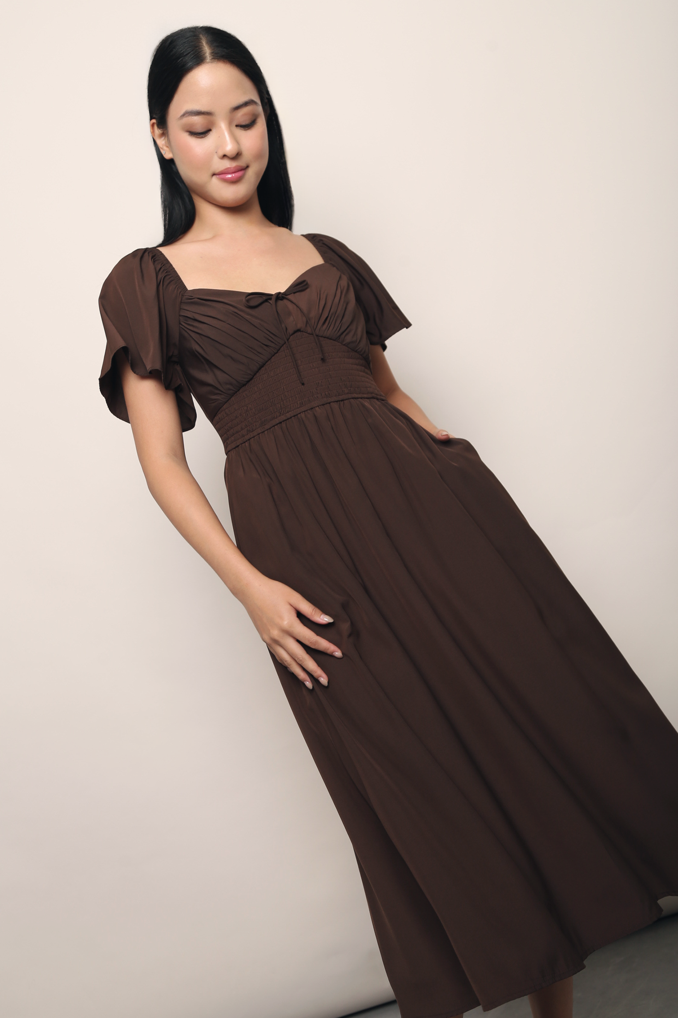 Laurent Smocked Waist Midaxi Dress Brown Hollyhoque Laurent Smocked Waist Midaxi Dress Brown Hollyhoque
