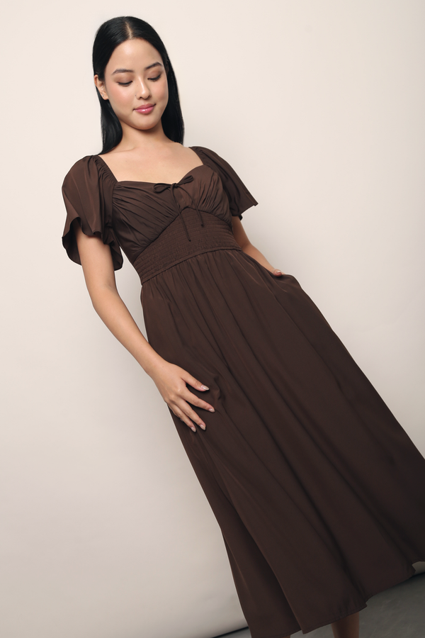 Laurent Smocked Waist Midaxi Dress Brown