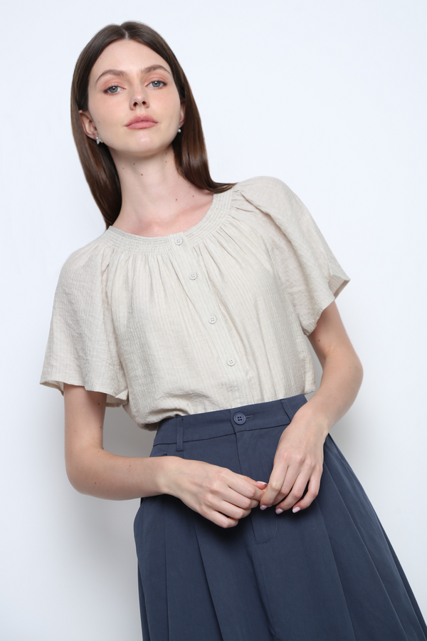 Breezette Smocked Neckline Blouse Ivory
