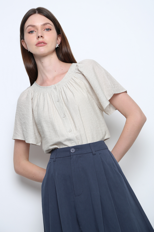 Breezette Smocked Neckline Blouse Ivory
