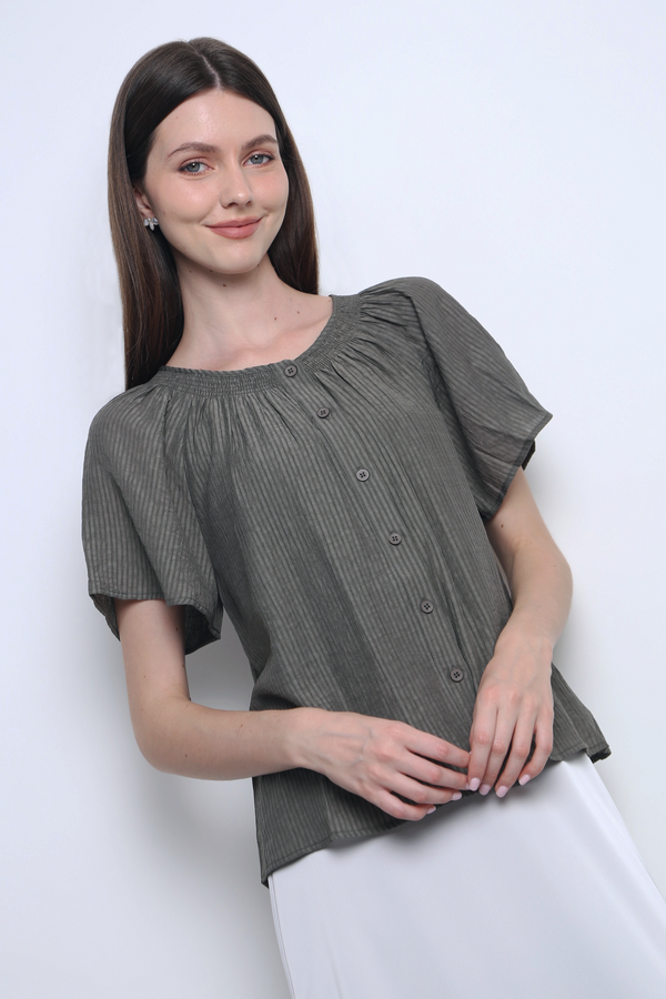 Breezette Smocked Neckline Blouse Smoke Grey