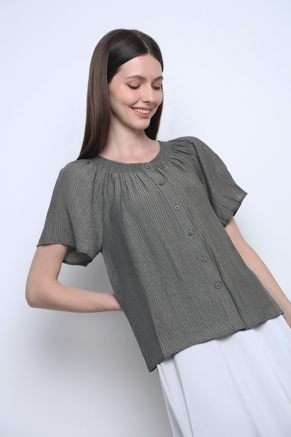 Breezette Smocked Neckline Blouse Smoke Grey