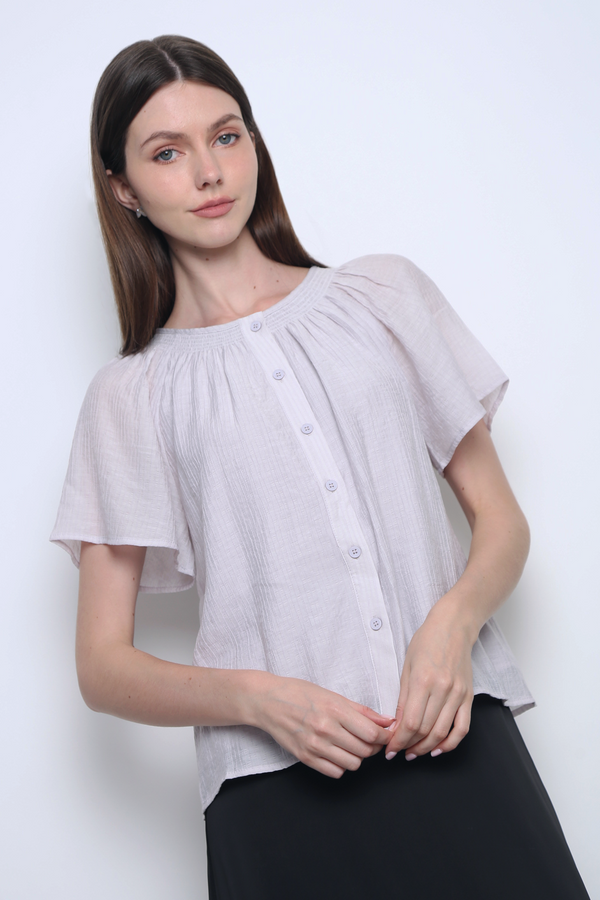 Breezette Smocked Neckline Blouse Smoke Periwinkle