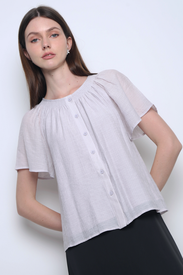 Breezette Smocked Neckline Blouse Smoke Periwinkle