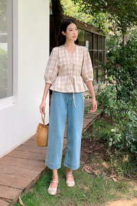Lilou Checkered Tie Waist Blouse Oat