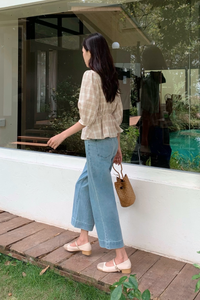 Lilou Checkered Tie Waist Blouse Oat