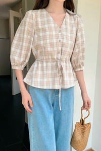 Lilou Checkered Tie Waist Blouse Oat