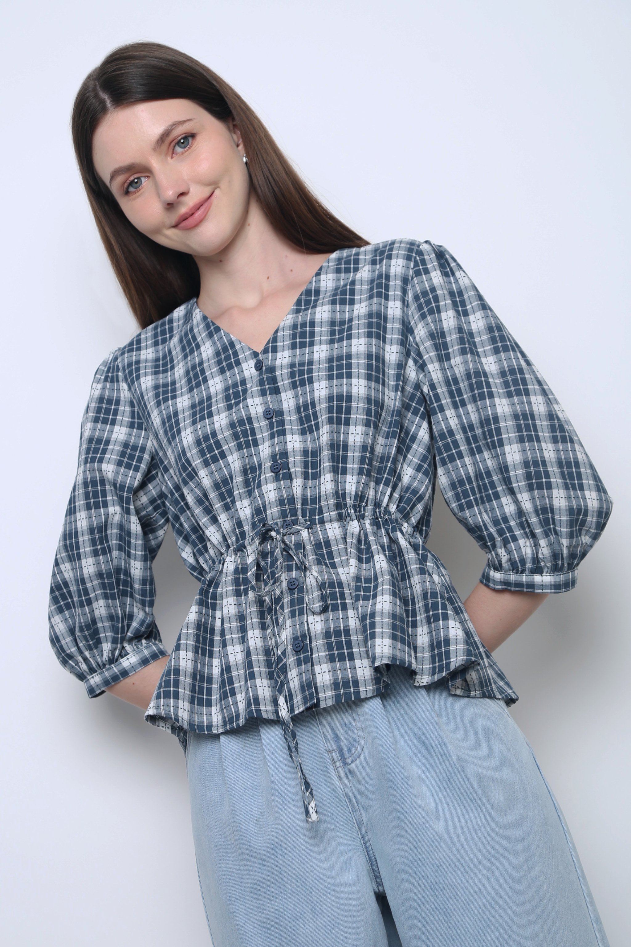 Lilou Checkered Tie Waist Blouse Navy