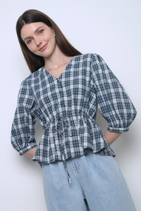 Lilou Checkered Tie Waist Blouse Navy