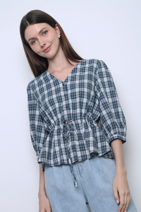 Lilou Checkered Tie Waist Blouse Navy