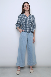 Lilou Checkered Tie Waist Blouse Navy