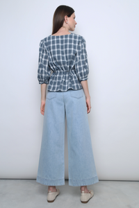 Lilou Checkered Tie Waist Blouse Navy