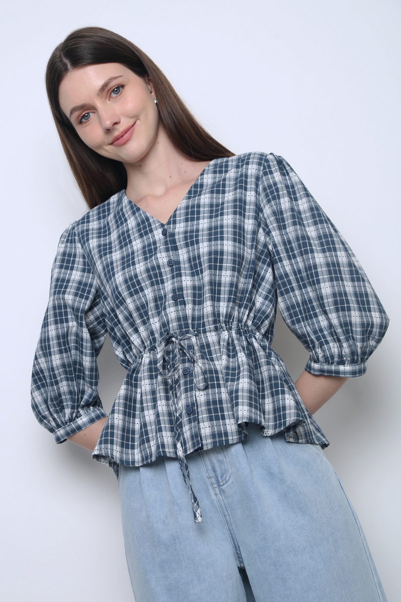 Lilou Checkered Tie Waist Blouse Navy