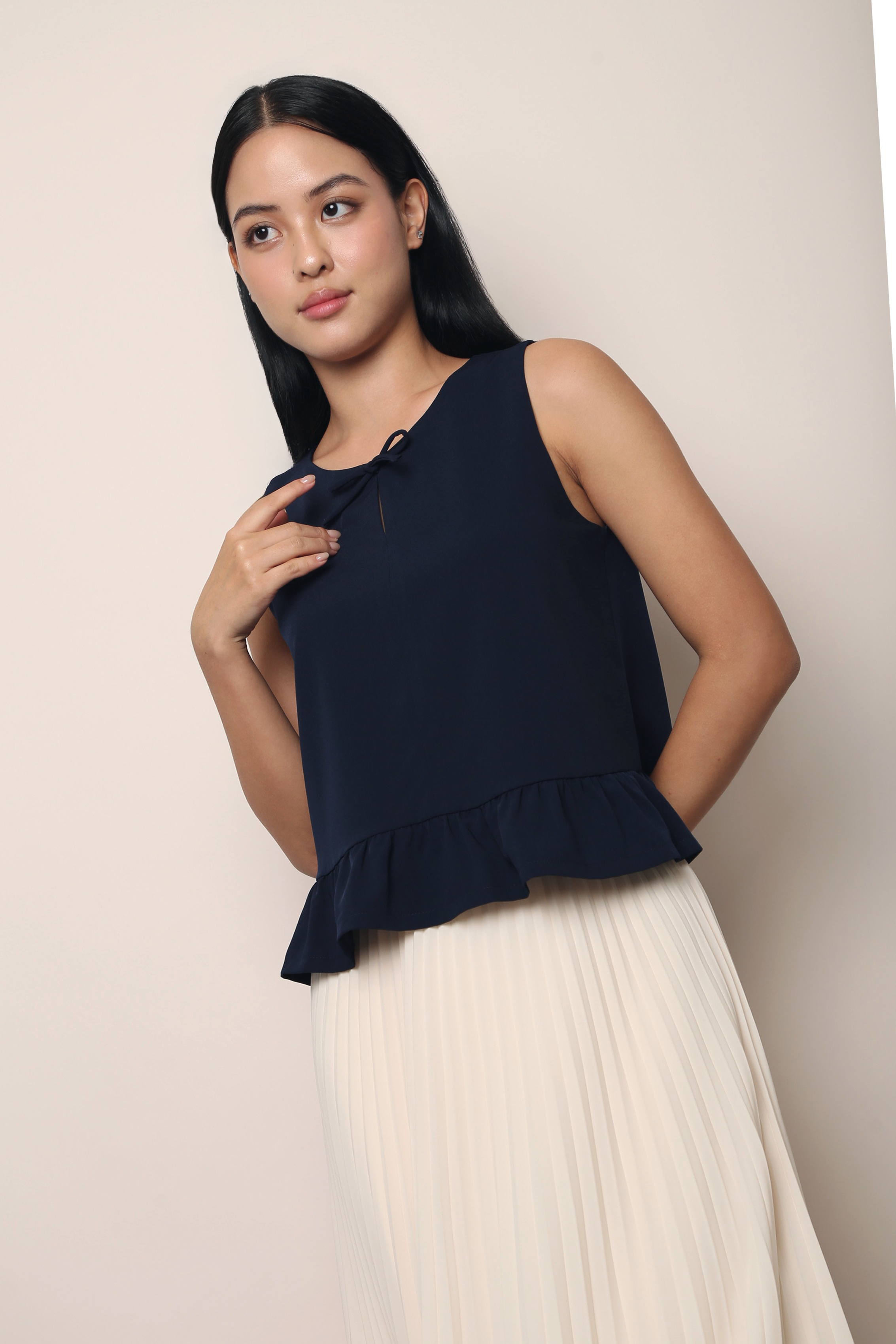 Lotus Bow Peplum Top Navy