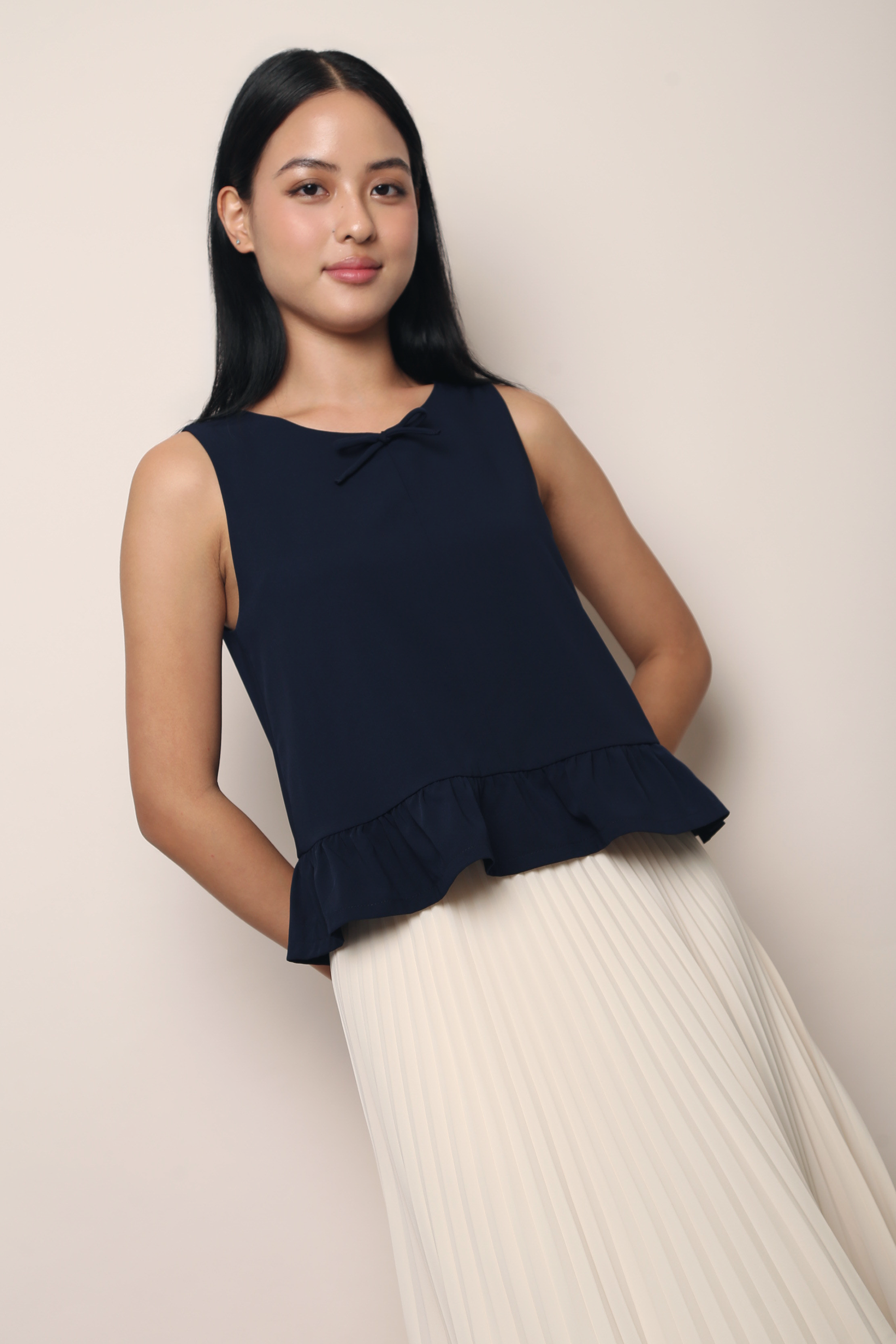 Lotus Bow Peplum Top Navy