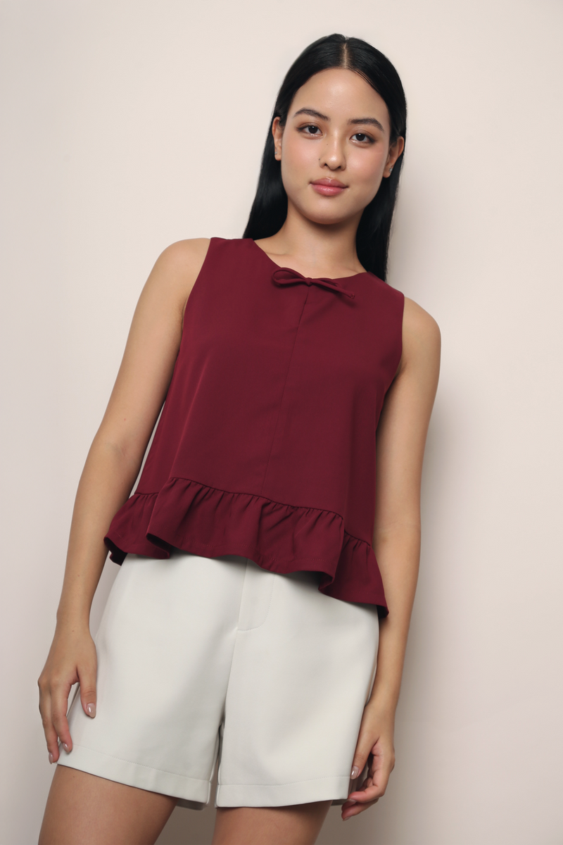 Lotus Bow Peplum Top Wine