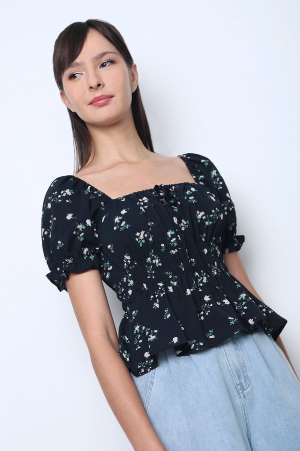 Mayfair Floral Puffed Sleeves Top Black