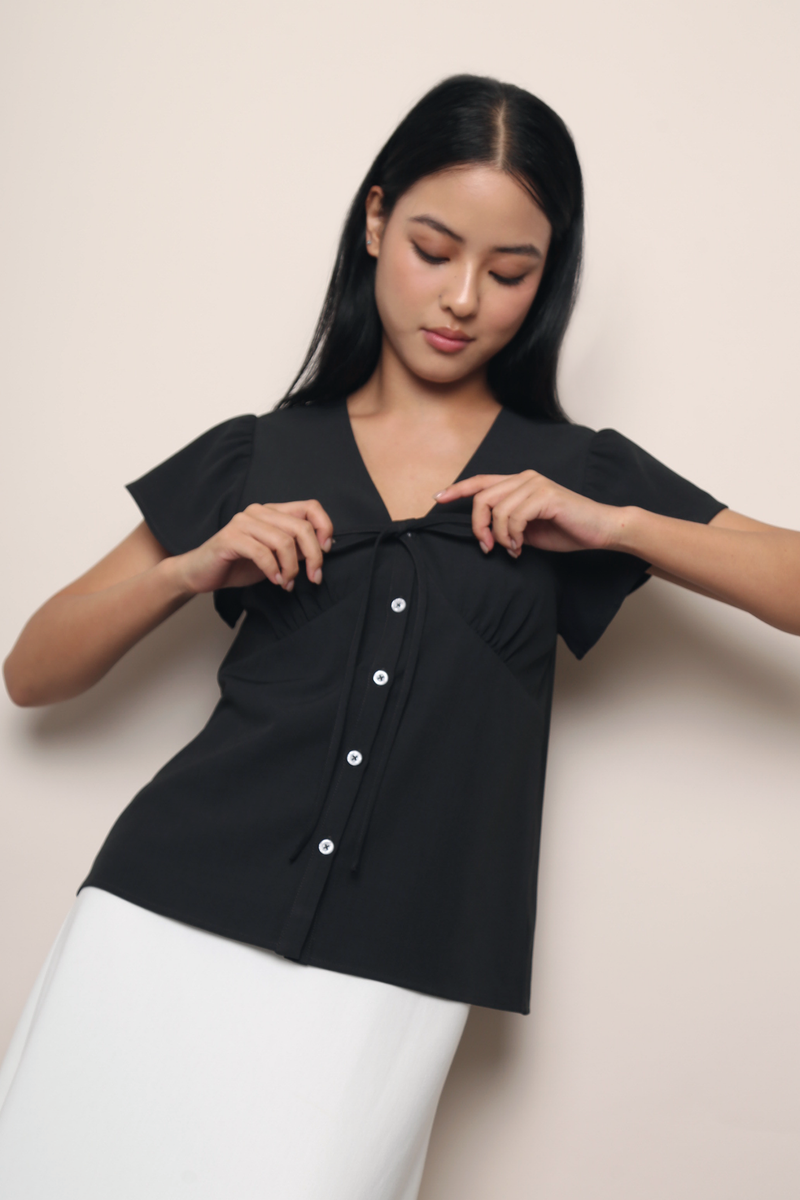 Madeleine Flutter Shift Blouse Black