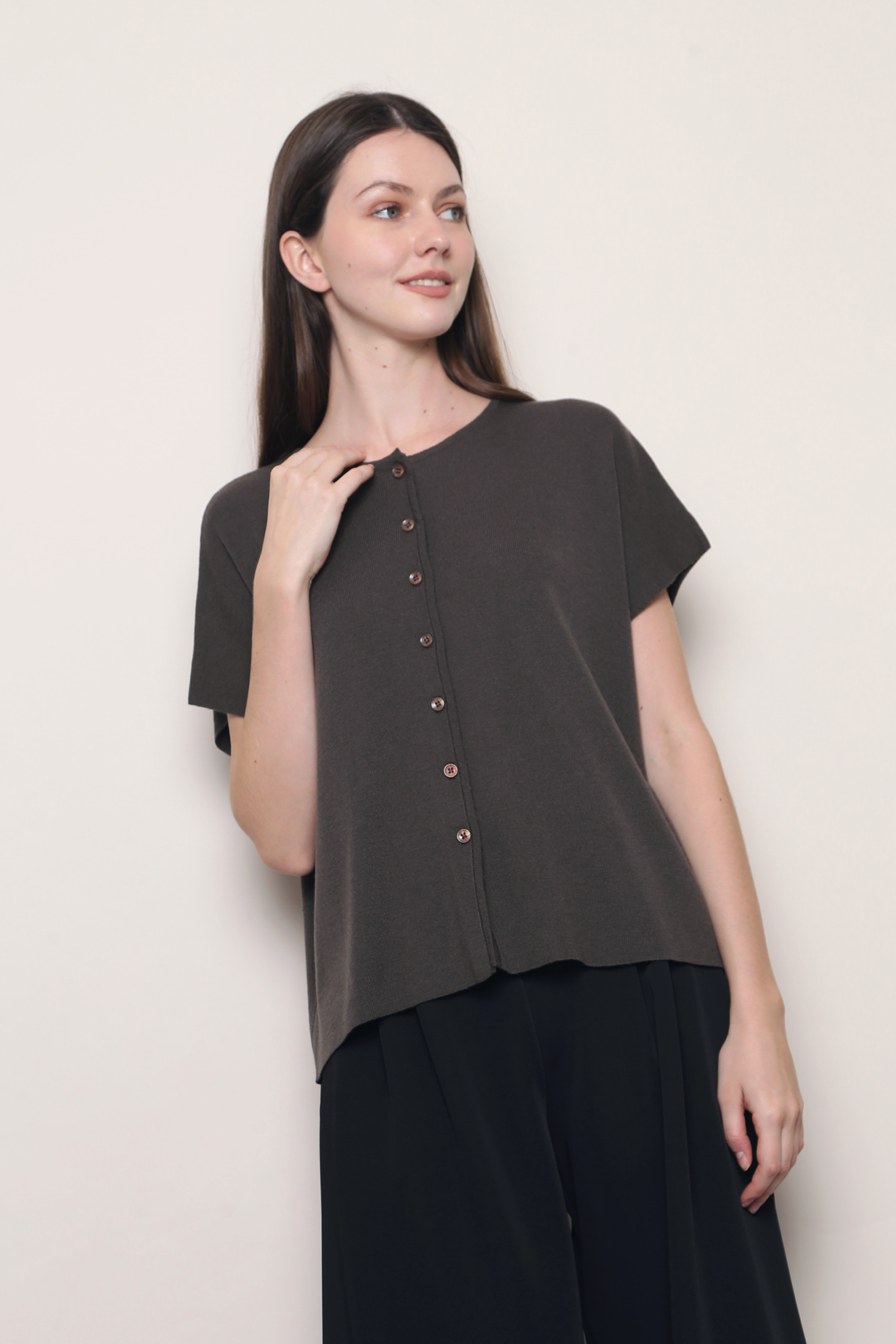 Manhattan Button Down Knit Blouse Brown (Backorder)