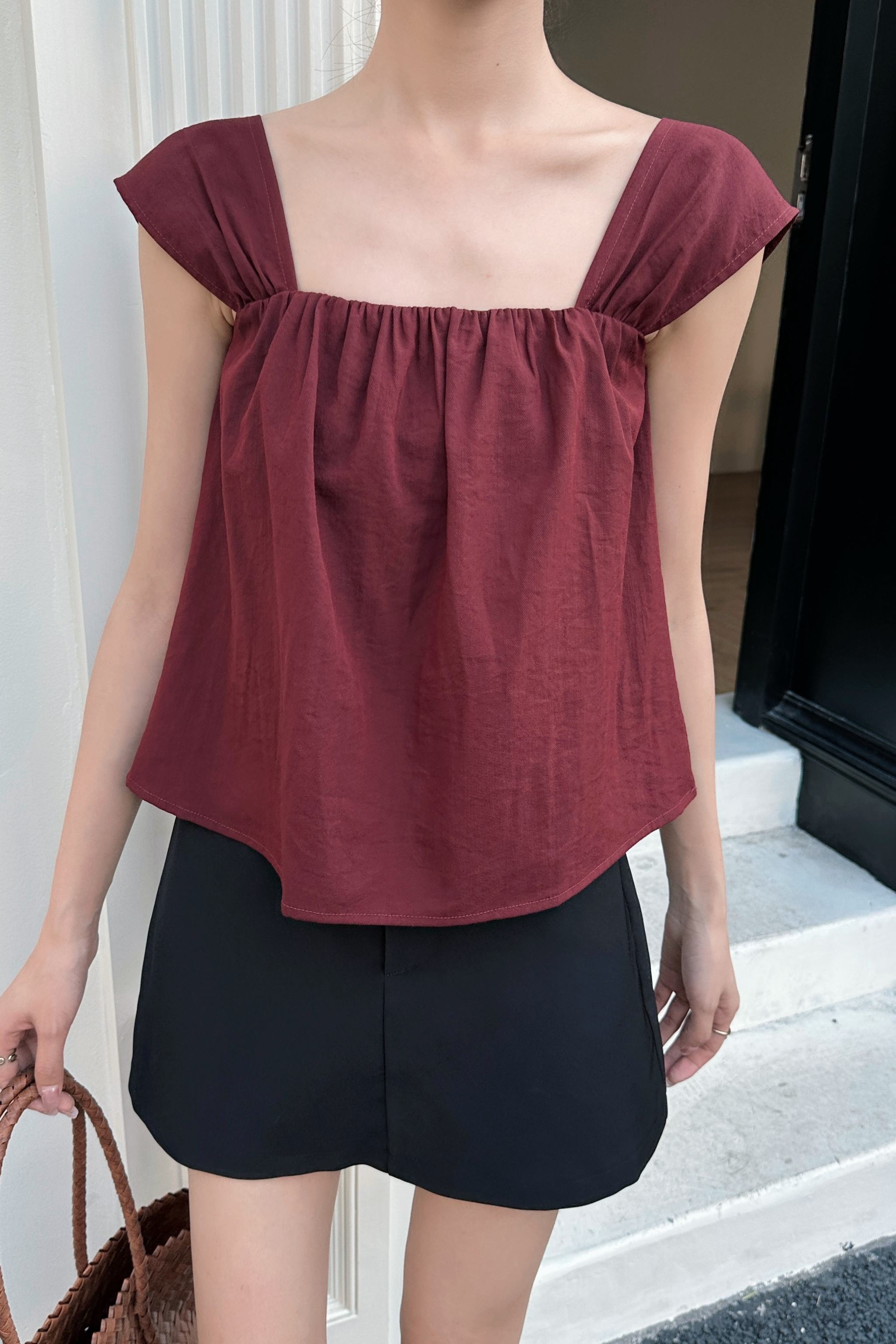 Marina Fan Sleeves Top Burgundy