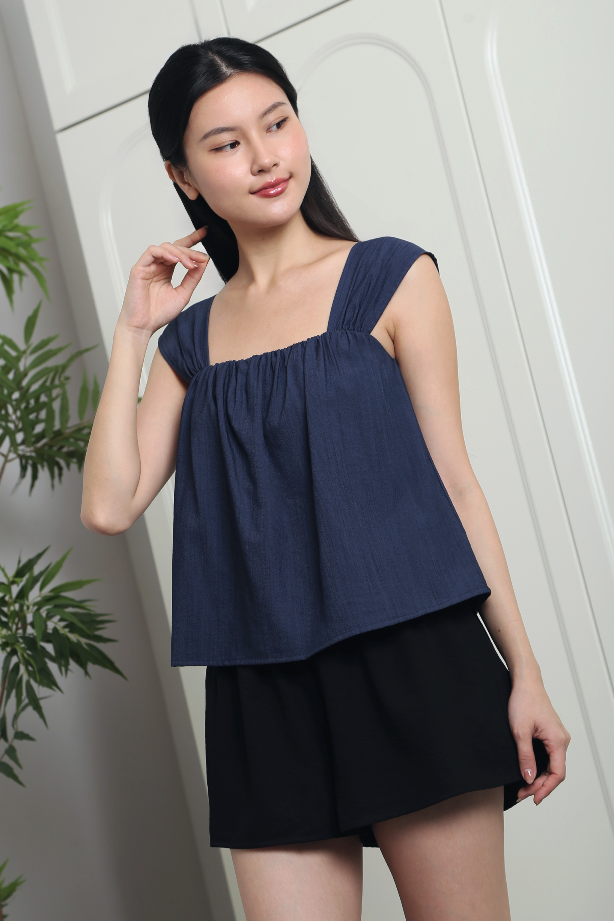 Marina Fan Sleeves Top Denim Blue