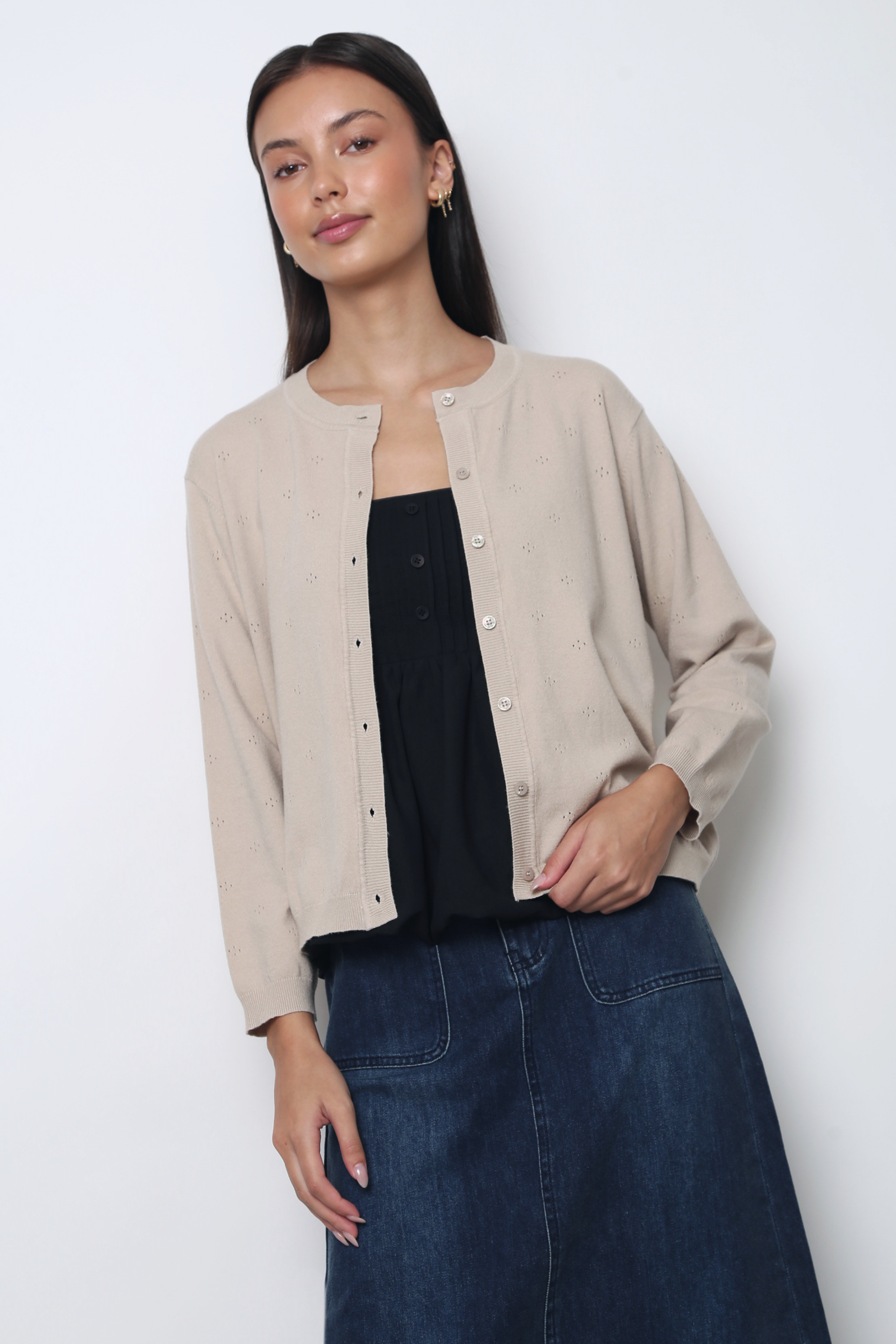 Marjorie Eyelet Cardigan Beige