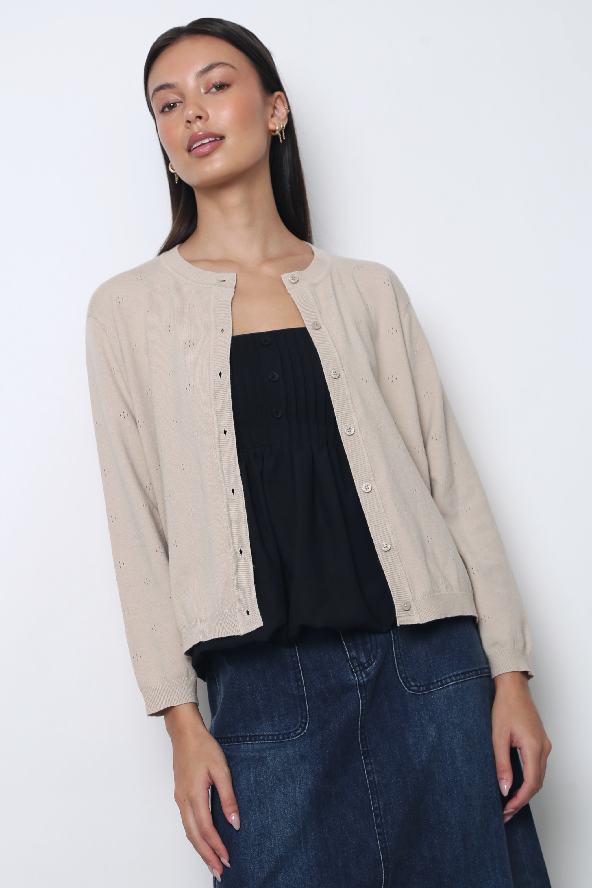 Marjorie Eyelet Cardigan Beige