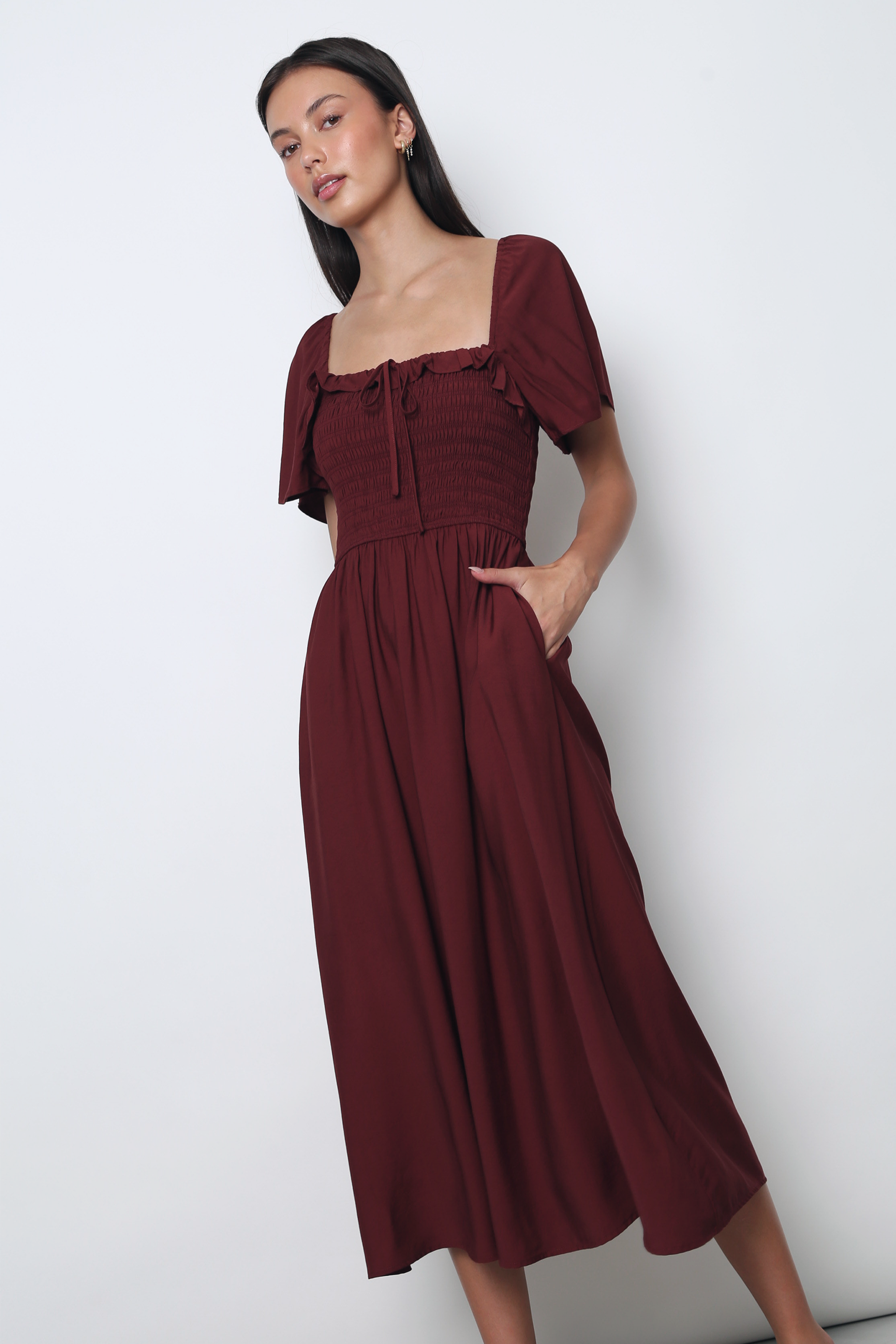 Marseille Smocked Midaxi Dress Garnet