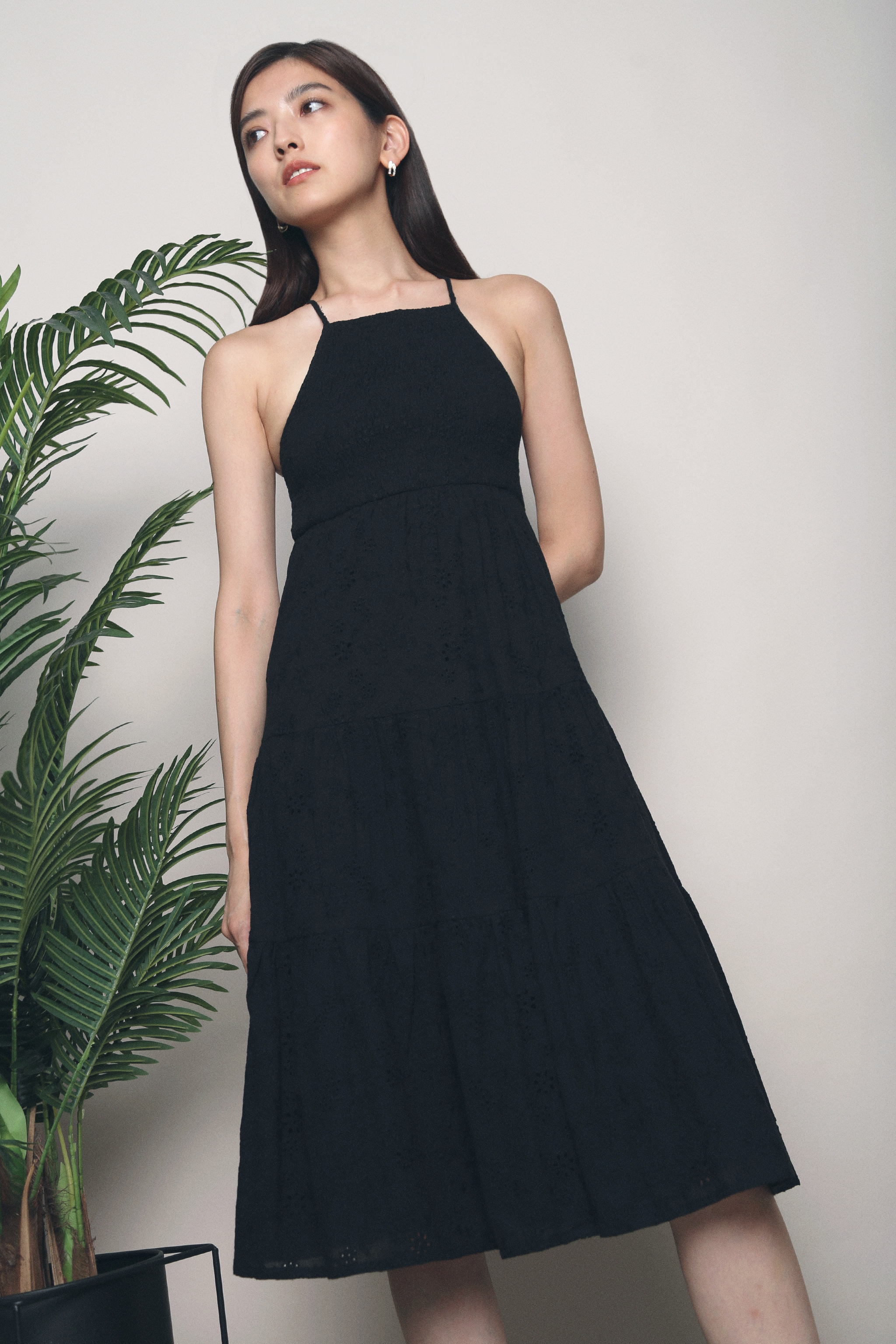 Miya Smocked Eyelet Maxi Black